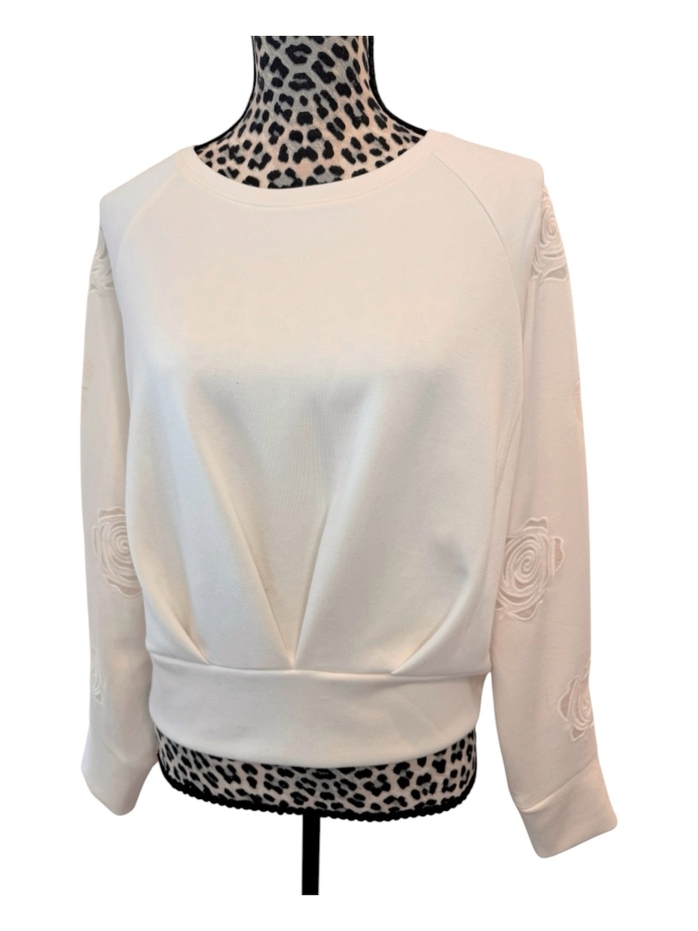 Pullover Sweatshirt Ivory with Rose Appliqué Sleeves by T Tahari